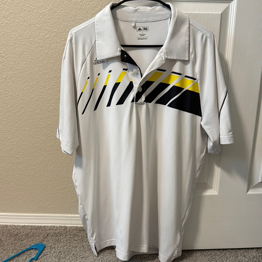 Adidas Men's White Polo Shirt with Black and Yellow Accents